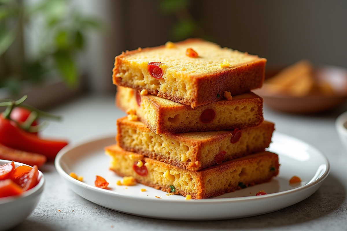 Tranches de gâteau aux piments et chorizo sur assiette blanche