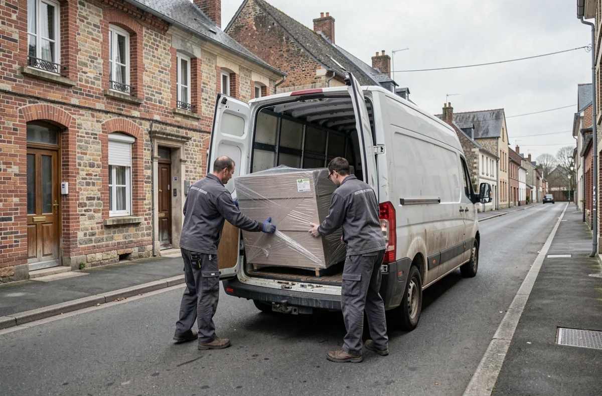 Deux déménageurs de Traslo Service Limited chargent un meuble dans un van sur une rue ardennaise
