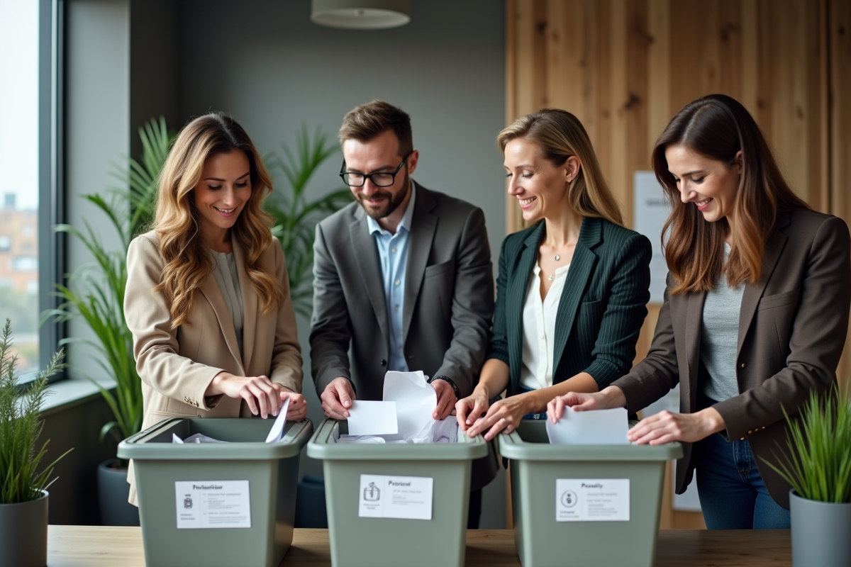 Groupe de collègues triant des recyclables dans un bureau moderne