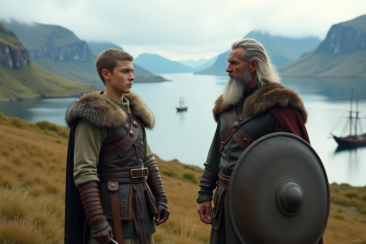 Jeune guerrier viking et chef sur une colline verte
