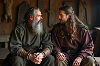 Deux hommes vikings dans une longue maison en bois