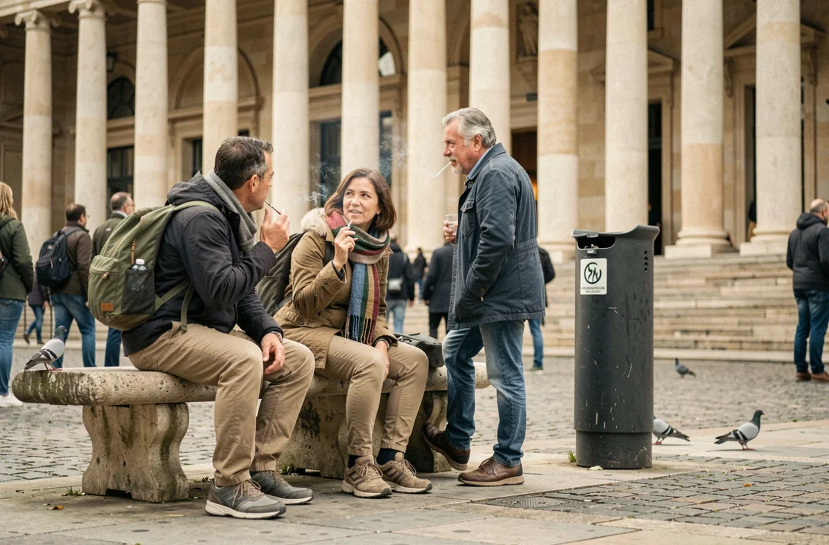 Groupe de touristes fumant dans une zone fumeurs aménagée devant un musée parisien avec colonnes néoclassiques
